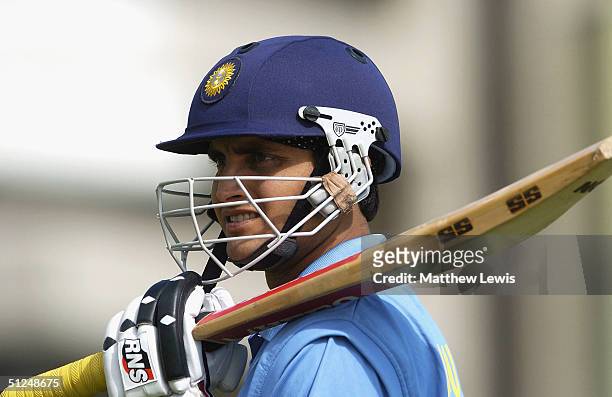 Sourav Ganguly the captain of India prepares to bat during England and India Cricket Nets at Trent Bridge Cricket Ground on August 31, 2004 in...