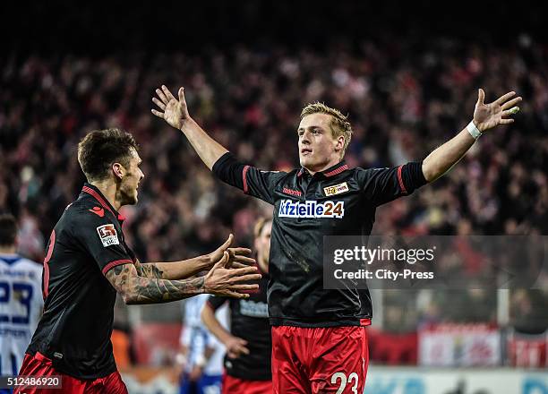 Christopher Trimmel and Felix Kroos of 1 FC Union Berlin celebrate after scoring the 1:1 during the game between Union Berlin and Karlsruher SC on...