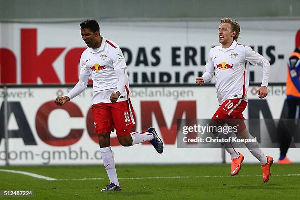 Marvin Compper of Leipzig celebrates the first goal with Emil Forsberg of Leipzig during the 2. Bundesliga match between SC Paderborn and RB Leipzig...