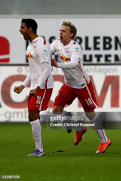Marvin Compper of Leipzig celebrates the first goal with Emil Forsberg of Leipzig during the 2. Bundesliga match between SC Paderborn and RB Leipzig...