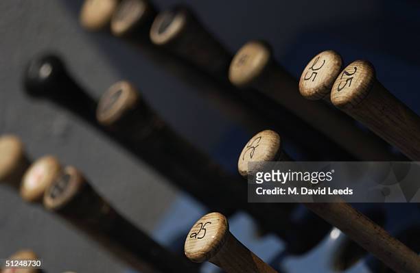 Detail of bats during the game between the Toronto Blue Jays and the New York Yankees at Yankee Stadium on August 9, 2004 in the Bronx, New York. The...