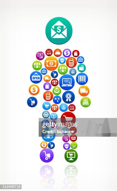 male stick figure shopping and commerce colorful button pattern - man opening store stock illustrations