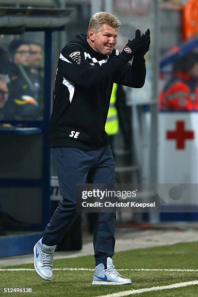 Head coach Stefan Effenberg of Paderborn reacts during the 2. Bundesliga match between SC Paderborn and RB Leipzig at Benteler Arena on February 26,...