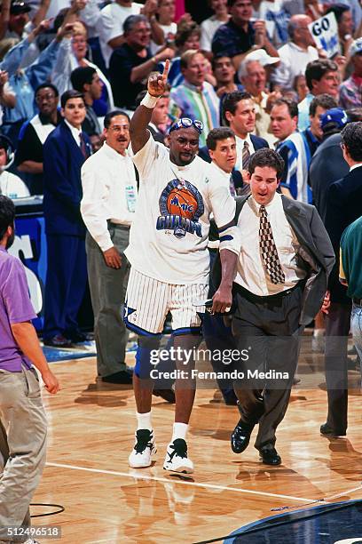 Horace Grant of the Orlando Magic celebrates against the Indiana Pacers during Game Seven of the Eastern Conference Finals on June 4, 1994 at Orlando...