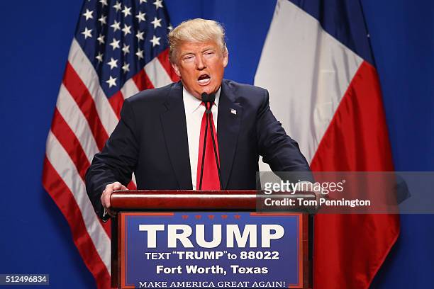 Republican presidential candidate Donald Trump speaks at a rally at the Fort Worth Convention Center on February 26, 2016 in Fort Worth, Texas. Trump...