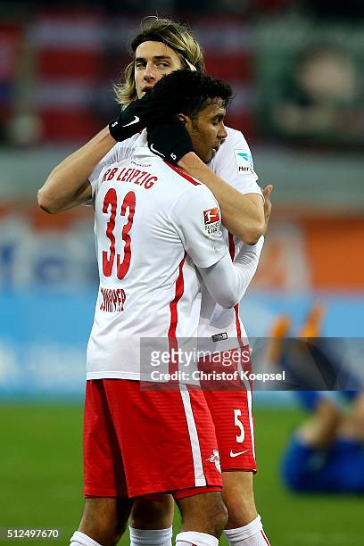 Marvin Compper and Atinc Nukan of Leipzig celebrate after the 2. Bundesliga match between SC Paderborn and RB Leipzig at Benteler Arena on February...
