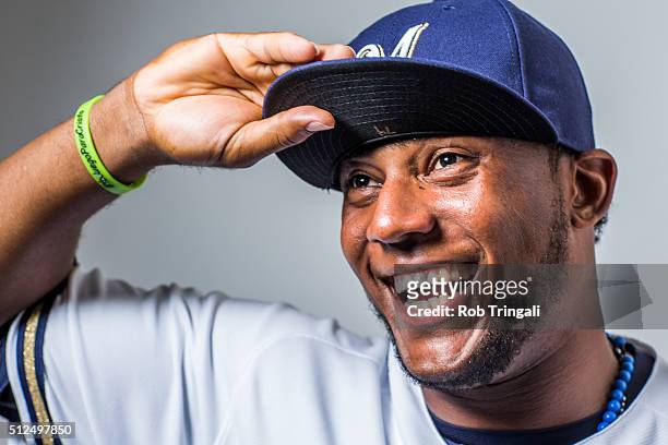 Rymer Liriano of the Milwaukee Brewers poses during photo day at the Maryvale sports complex on February 26, 2016 in Maryvale, Arizona.