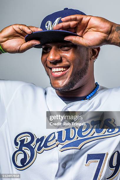 Rymer Liriano of the Milwaukee Brewers poses during photo day at the Maryvale sports complex on February 26, 2016 in Maryvale, Arizona.