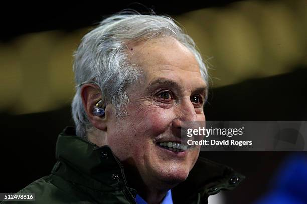 Former Wales and British Lions scrumhalf Gareth Edwards commentates during the RBS Six Nations match between Wales and France at the Principality...