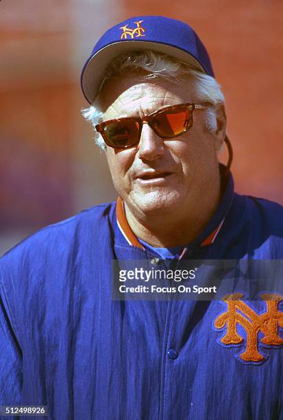 Manager Dallas Green of the New York Mets looks on during batting practice prior to the start of a Major League Baseball game circa 1995 at Shea...