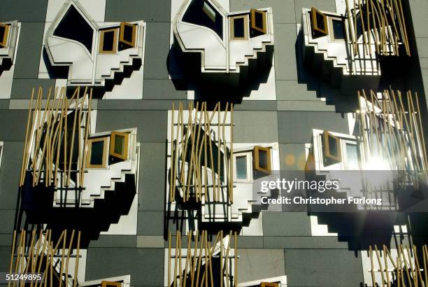 The unique exterior of the new Scottish Parliament building is pictured on August 31, 2004 at Holyrood in Edinburgh, Scotland. The uniquely designed...