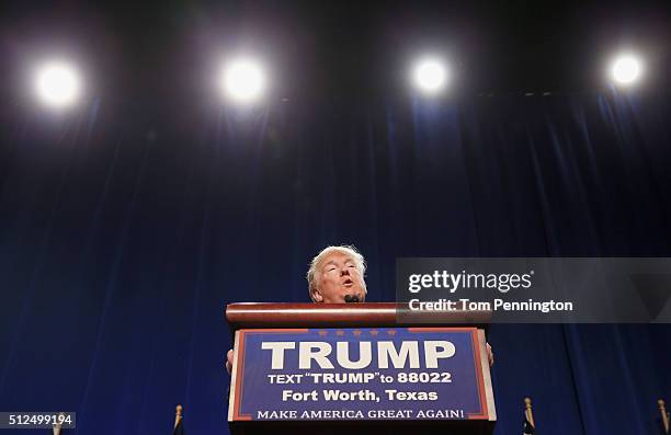 Republican presidential candidate Donald Trump speaks at a rally at the Fort Worth Convention Center on February 26, 2016 in Fort Worth, Texas. Trump...