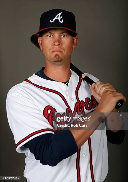 Reid Brignac of the Atlanta Braves poses on photo day at Champion Stadium on February 26, 2016 in Lake Buena Vista, Florida.