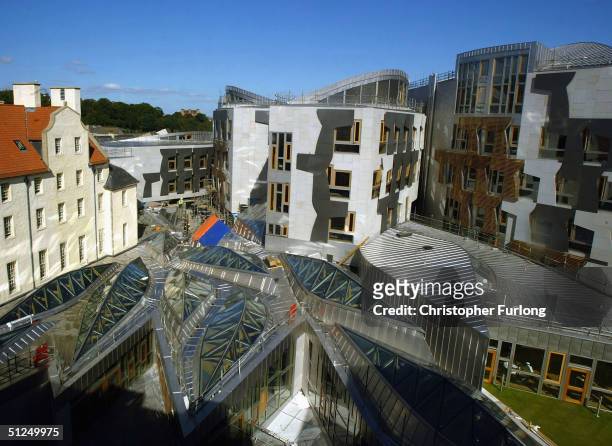The unique exterior of the new Scottish Parliament building is pictured on August 31, 2004 at Holyrood in Edinburgh, Scotland. The uniquely designed...