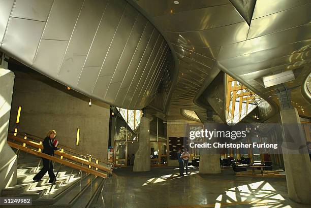 The foyer of the new Scottish Parliament building is pictured on August 31, 2004 at Holyrood in Edinburgh, Scotland. The uniquely designed building...