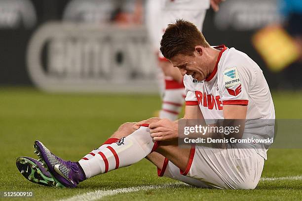 Filip Mladenovic of 1. FC Koeln looks dejected during the Bundesliga match between 1. FC Koeln and Hertha BSC at RheinEnergieStadion on February 26,...