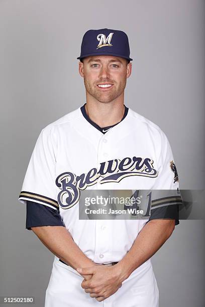 Jake Elmore of the Milwaukee Brewers poses during Photo Day on Friday, February 26, 2016 at Maryvale Baseball Park in Phoenix, Arizona.