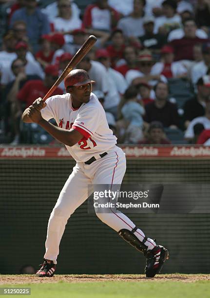 Vladimir Guerrero#27 of the Anaheim Angels steps into the swing during the game against the Baltimore Orioles on August 12, 2004 at Angel Stadium in...
