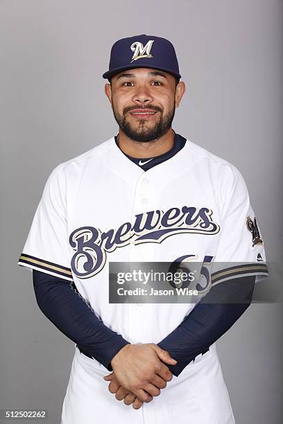 Josmil Pinto of the Milwaukee Brewers poses during Photo Day on Friday, February 26, 2016 at Maryvale Baseball Park in Phoenix, Arizona.