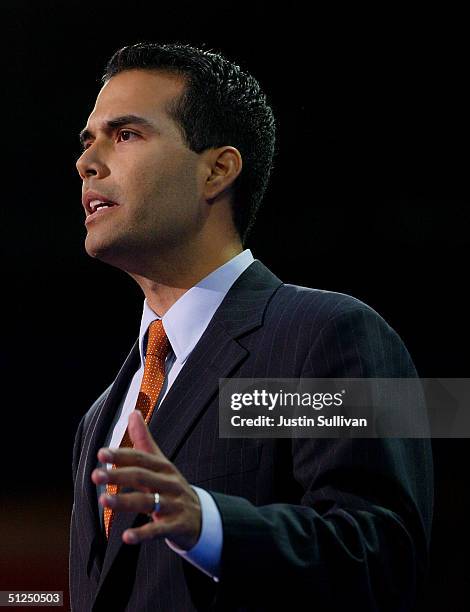 George P. Bush speaks on night two of the Republican National Convention August 31, 2004 at Madison Square Garden in New York City.