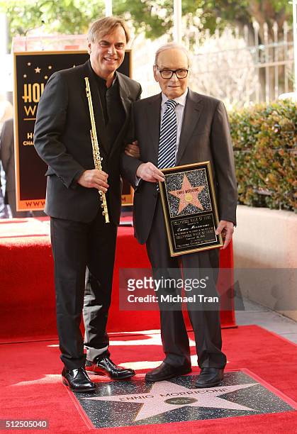 Andrea Griminelli and Ennio Morricone attend the ceremony honoring Ennio Morricone with a Star on The Hollywood Walk of Fame held on February 26,...