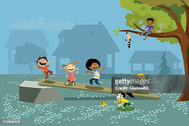 group of kids playing outside - best friends kids stock illustrations