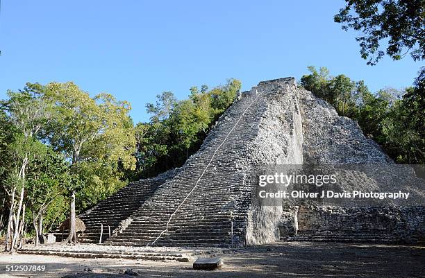 mayan pyramid at coba, surrounded by jungle - coba stock-fotos und bilder