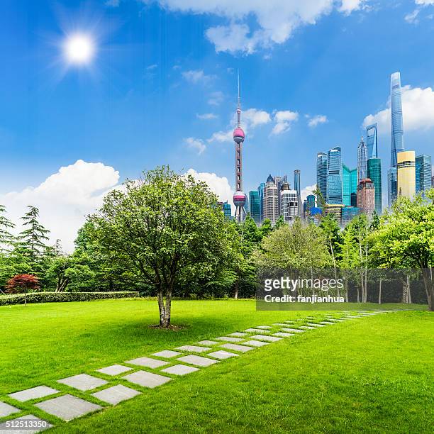 landscape grass prospects the shanghai lujiazui city buildings of landmark sunny skyline - view of city square in shanghai china stock-fotos und bilder