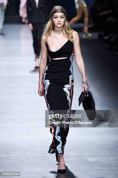 Gigi Hadid walks the runway at the Versace show during Milan Fashion Week Fall/Winter 2016/17 on February 26, 2016 in Milan, Italy.