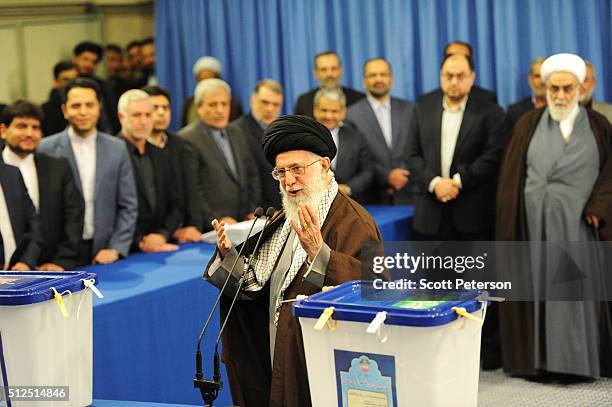 Iran's Supreme Leader Ayatollah Seyyed Ali Khamenei casts the first ballot in key elections for Parliament and the Assembly of Experts in Tehran,...