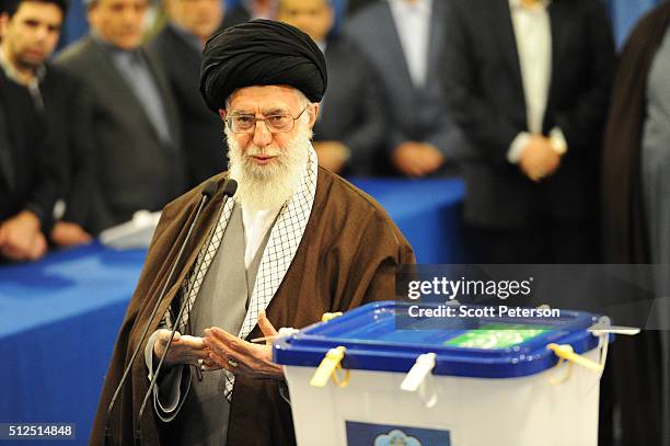 Iran's Supreme Leader Ayatollah Seyyed Ali Khamenei casts the first ballot in key elections for Parliament and the Assembly of Experts in Tehran,...