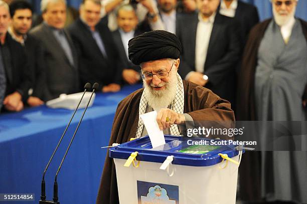 Iran's Supreme Leader Ayatollah Seyyed Ali Khamenei casts the first ballot in key elections for Parliament and the Assembly of Experts in Tehran,...