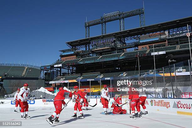 The Detroit Red Wings skate during a practice session on the eve of their game versus the Colorado Avalanche at the 2016 Coors Light Stadium Series...