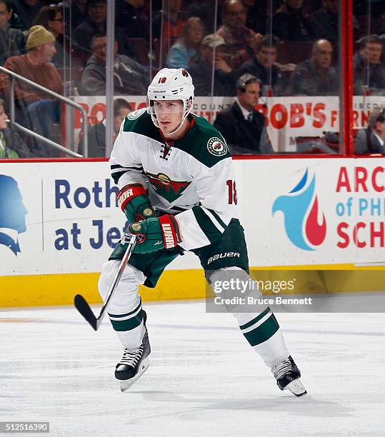 Ryan Carter of the Minnesota Wild skates against the Philadelphia Flyers at the Wells Fargo Center on February 25, 2016 in Philadelphia,...