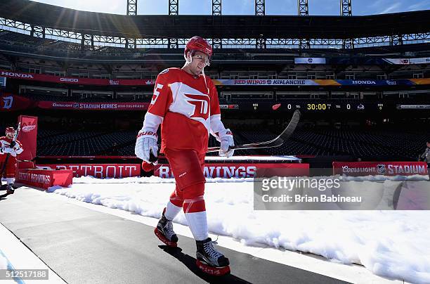 Riley Sheahan of the Detroit Red Wings makes his way to the ice surface prior to practice for the 2016 Coors Light Stadium Series between the Detroit...