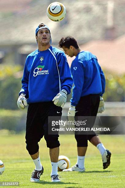 Brazilian goalies Julio Cesar and Fabio take part of a training in Teresopolis, 100 km from Rio de Janeiro, Brazil, 01 September 2004. Brazil faces...