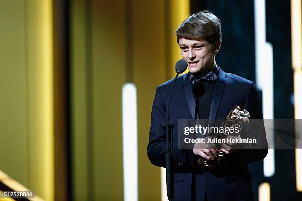 Rod Paradot receives the Cesar of the best promising actor during The Cesar Film Award 2016 at Theatre du Chatelet on February 26, 2016 in Paris,...