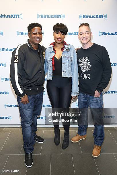 Jennifer Hudson poses with members of Kid 'n Play, Christopher Reid and Christopher Martin at SiriusXM Studio on February 26, 2016 in New York City.