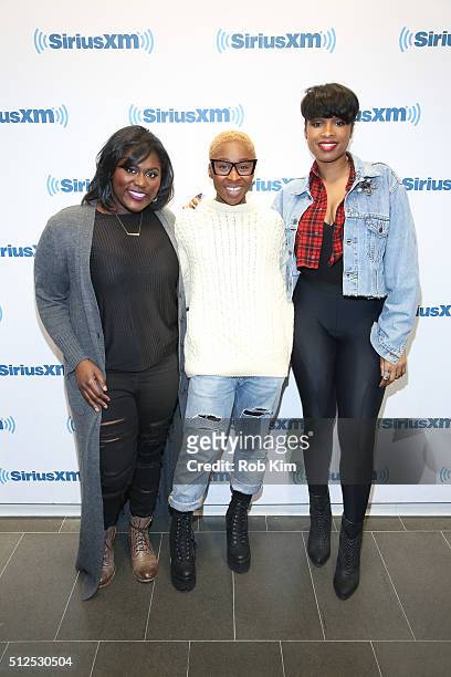 Danielle Brooks, Cynthia Erivo and Jennifer Hudson visit SiriusXM Studio on February 26, 2016 in New York City.