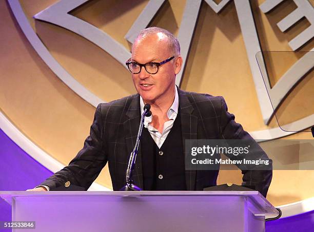 Actor Michael Keaton speaks at the 53rd Annual ICG Publicists Awards at The Beverly Hilton Hotel on February 26, 2016 in Beverly Hills, California.