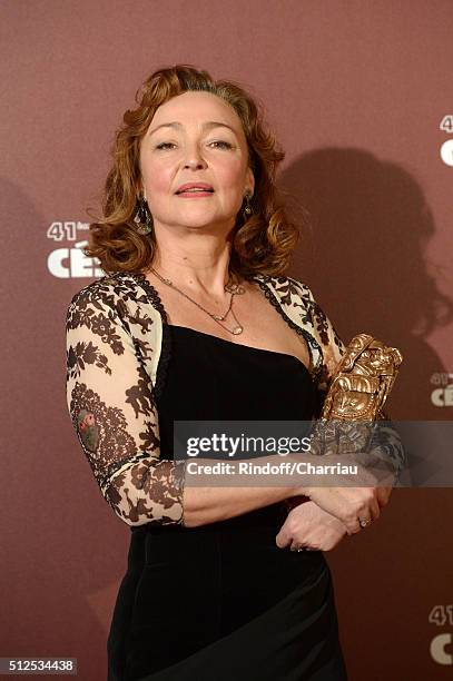 Catherine Frot poses with her award of Best Actress for the movie 'Marguerite' during The Cesar Film Awards 2016 at Theatre du Chatelet on February...