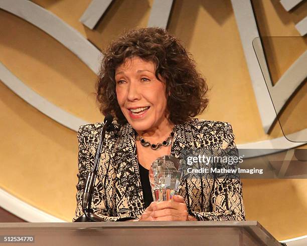 Actress Lily Tomlin accepts the Lifetime Achievement Award at the 53rd Annual ICG Publicists Awards at The Beverly Hilton Hotel on February 26, 2016...