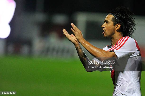 Leonardo Pisculichi celebrates after scoring the opening gaol during a group stage match between Trujillanos and River Plate as part of Copa...