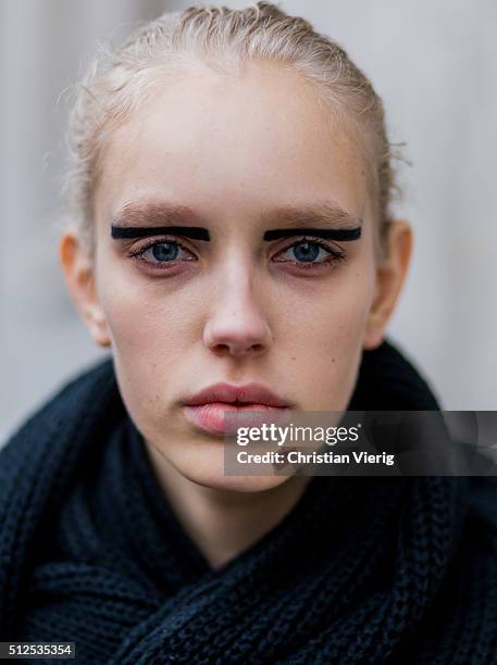 Portrait of model Jessie Bloemendaal with black stripe eye make up seen outside Iceberg during Milan Fashion Week Fall/Winter 2016/17 on February 26...