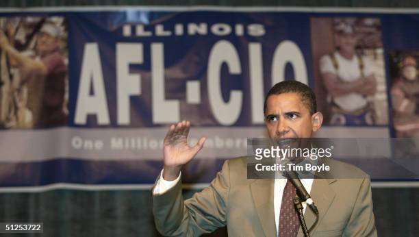 Democratic candidate for U.S. Senate Barack Obama speaks at the Illinois AFL-CIO 36th Biennial Constitutional Convention September 1, 2004 in...