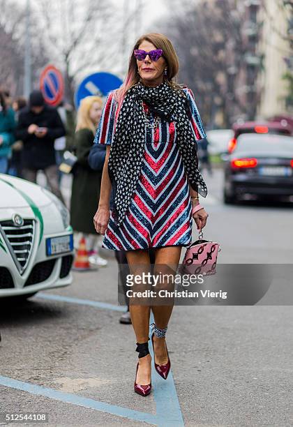 Anna dello Russo wearing Giamba dress, Saint Laurent scarf and a
