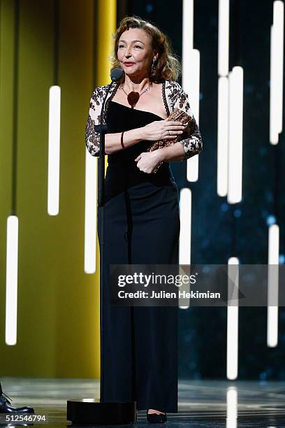 Catherine Frot receives an award for best actress in 'marguerite' during The Cesar Film Award 2016 at Theatre du Chatelet on February 26, 2016 in...