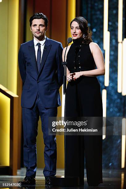 Raphael Personnaz and Marie Gillain pose on stage during The Cesar Film Award 2016 at Theatre du Chatelet on February 26, 2016 in Paris, France.