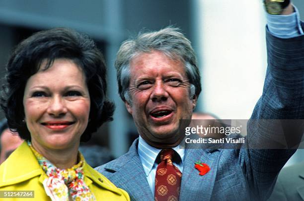 President Jimmy Carter with wife Rosalynn speaking in New York on July 12, 1976 in New York, New York.
