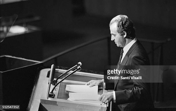 King Juan Carlos I of Spain speaking at the UN on September 27, 1986 in New York, New York.